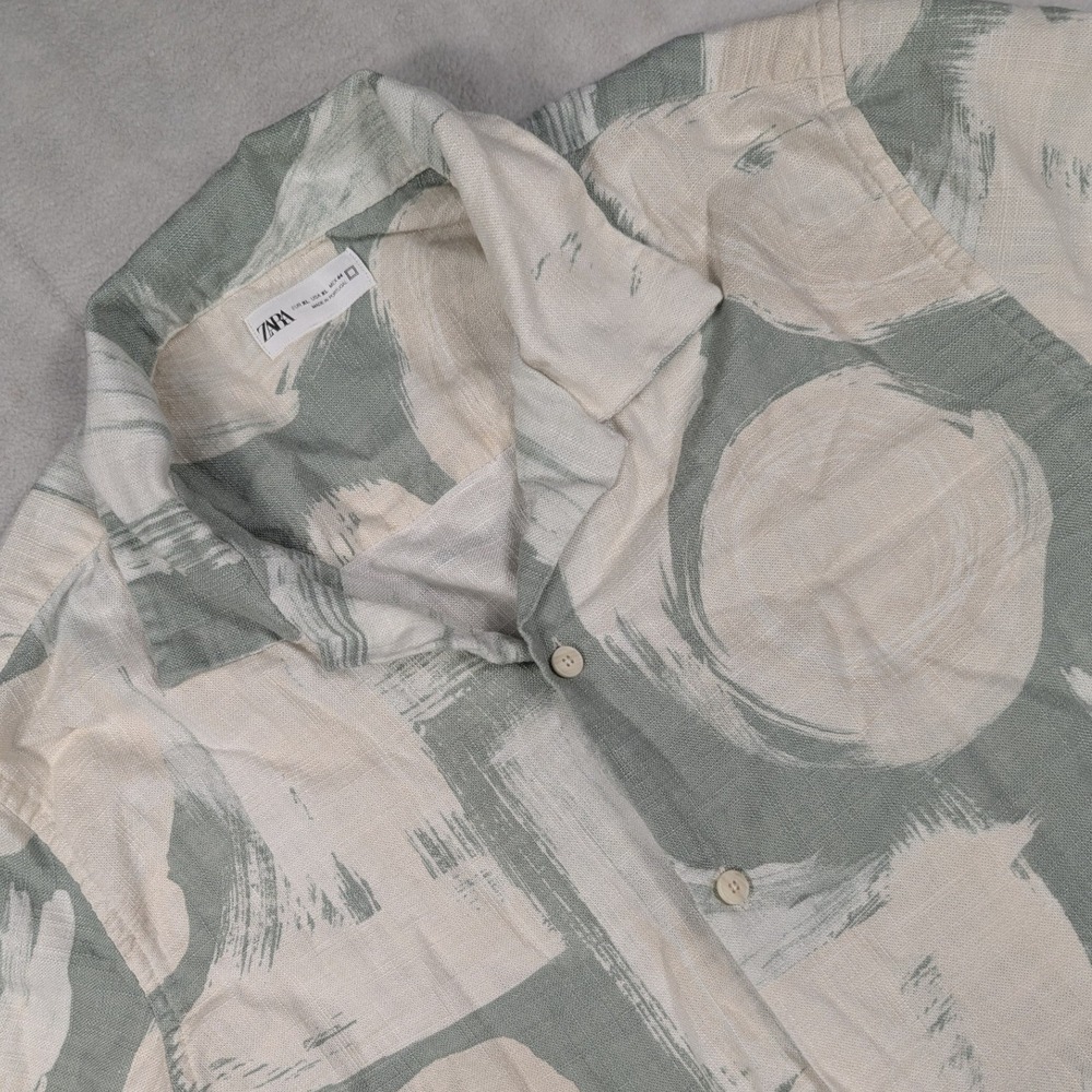 Zara Mens XL Abstract Brushstroke Print Linen Blend Camp Collar Shirt Sage Green